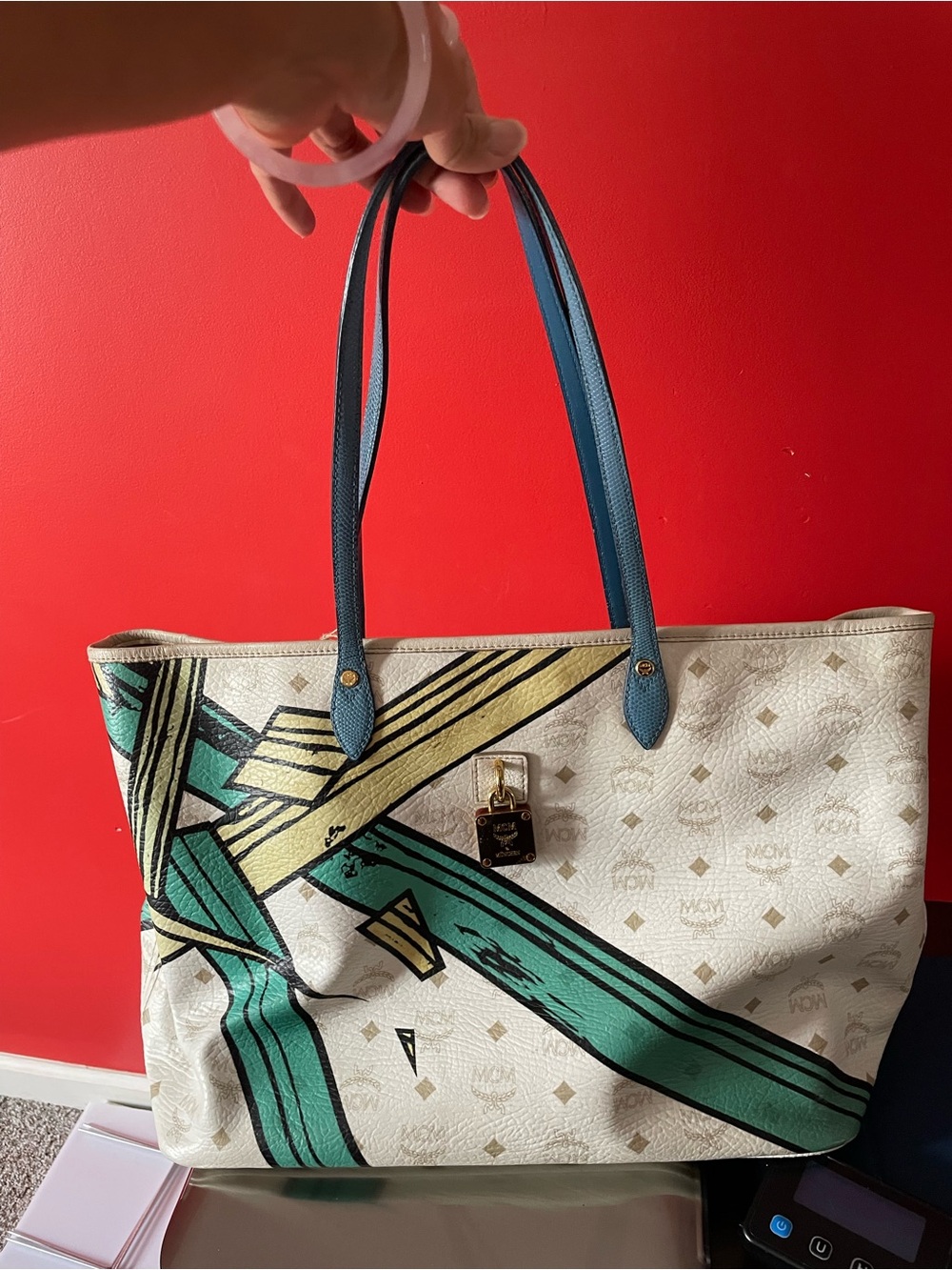 MCM White Canvas Tote with Teal Straps and Gold Padlock
